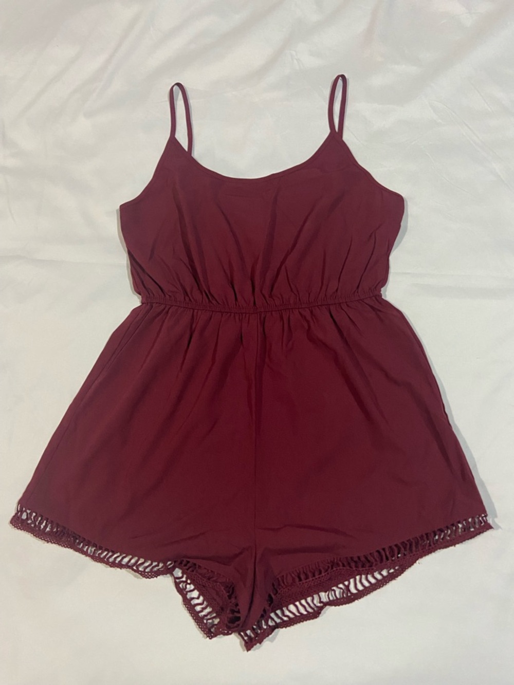 SHEIN Wine Red Sleeveless Romper with Crochet Hem